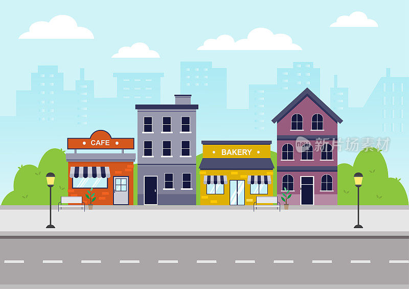 City landscape with buildings, street, and footpath. Cityscape flat design. Vector Illustration.